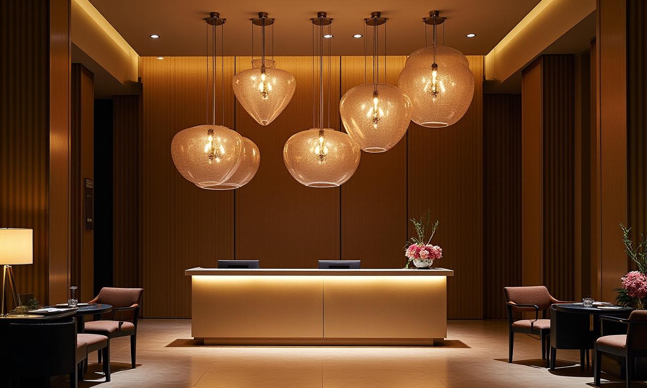 Lobby de un hotel de lujo con lámparas de diseño personalizado sobre la recepción.