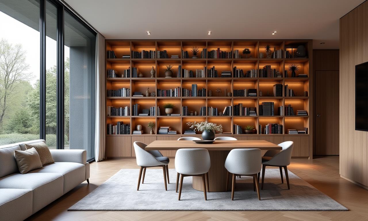 Salón moderno con una gran librería de diseño y una mesa de comedor a medida.