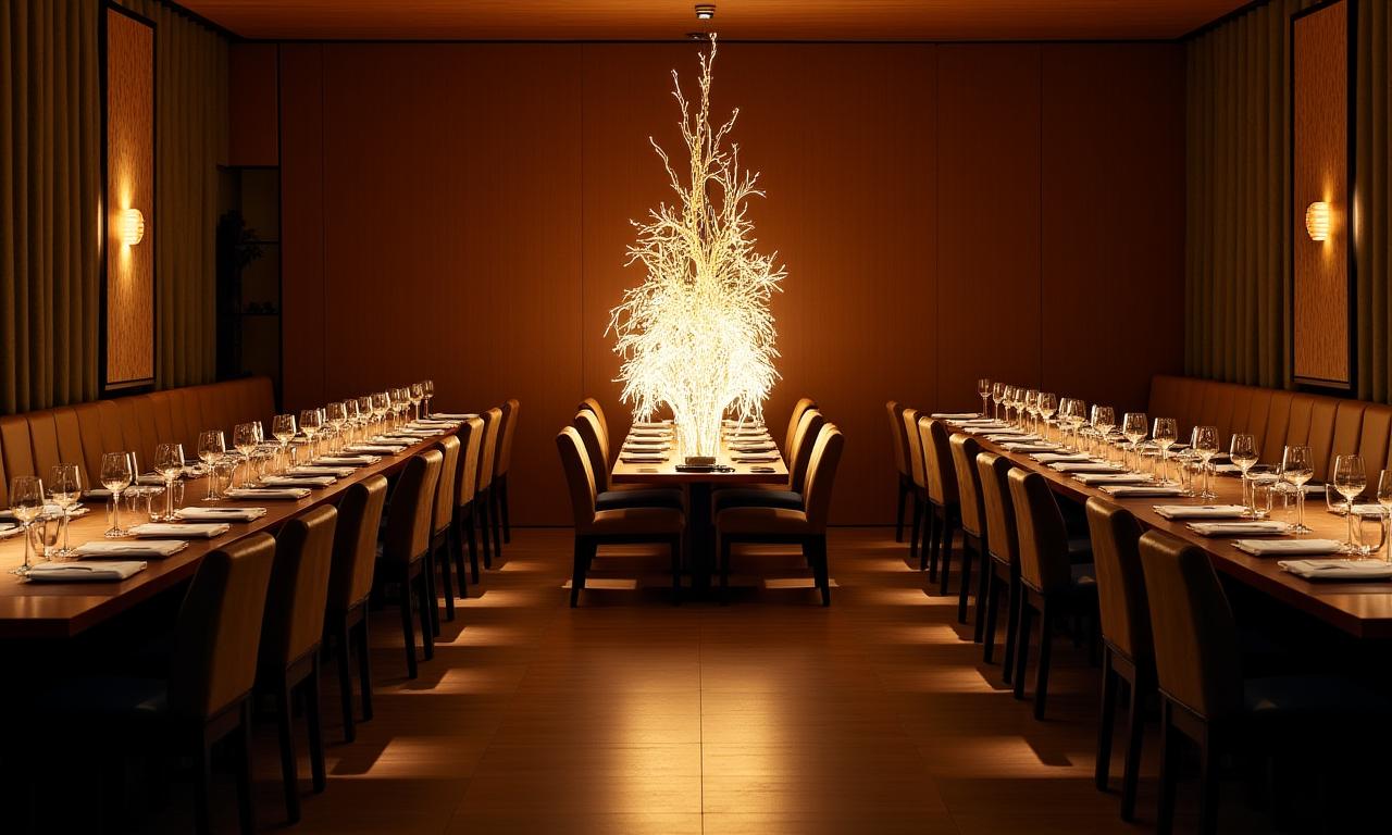 Comedor de un restaurante elegante con una escultura de luz central.