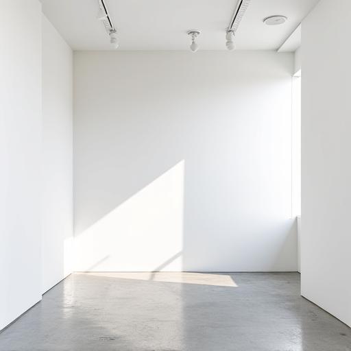 Interior de la luminosa galería de arte con paredes blancas y suelo de hormigón pulido.