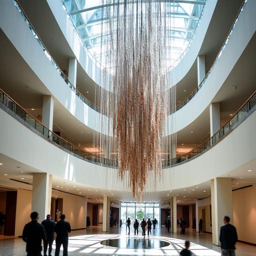 Instalación de arte cinética suspendida en el atrio de un edificio corporativo.