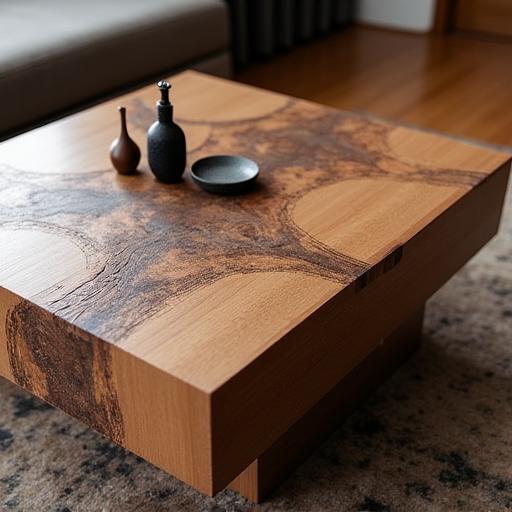 Una mesa de centro de madera maciza con incrustaciones metálicas.