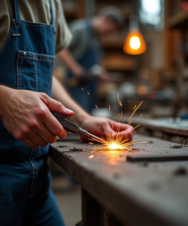 Artesanos trabajando con metal y vidrio en el taller de Atelier de Luz Creativa.